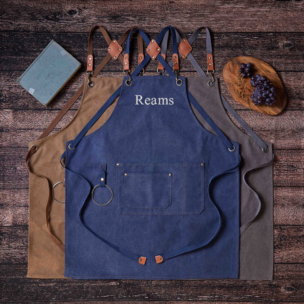 Personalized Bar Apron, Canvas Workshop Apron with Pockets, Embroidered Kitchen Apron, Barbeque Apron