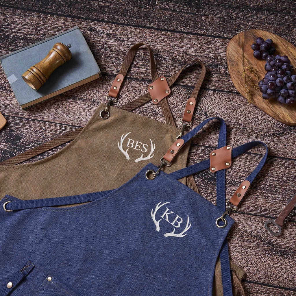 Personalized Bar Apron, Canvas Workshop Apron with Pockets, Embroidered Kitchen Apron, Barbeque Apron