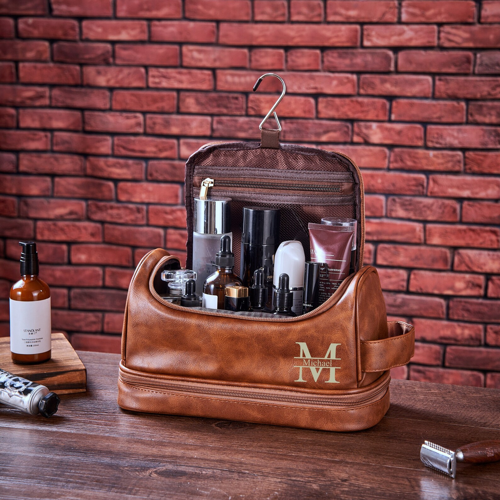 Personalized Travel Bag For Men, Vegan Leather Hanging Toiletry Bag, Dopp Kits Personalized