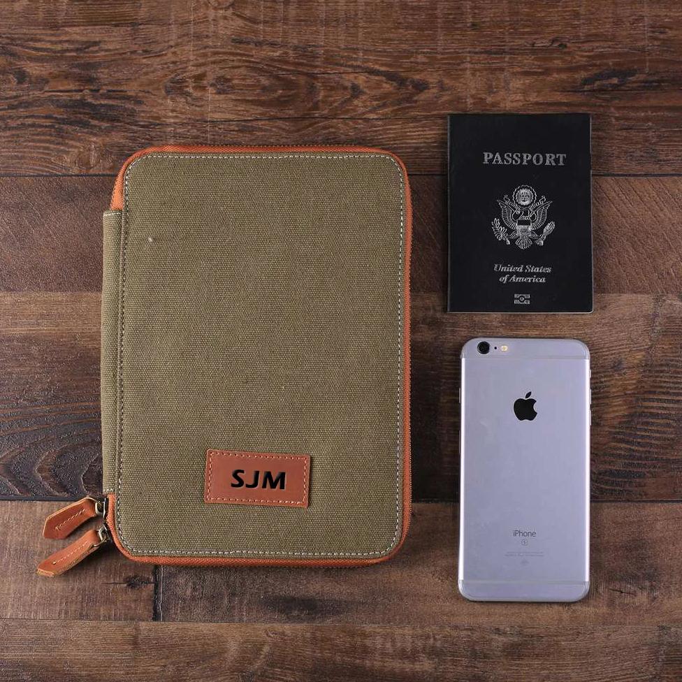 Large Personalized Leather Travel Wallet for iPad Pro, store Groomsmen Gift, Wedding Gift, Custom Passport Holder with Monogram Document Organizer